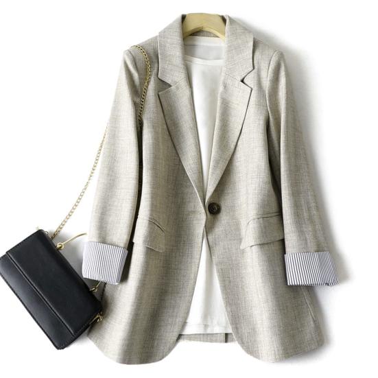 Women Suit Coat Lapel Long Sleeve Single Button Flap Pockets Suit Jacket Commuting Style Striped Cuffs Business Outwear