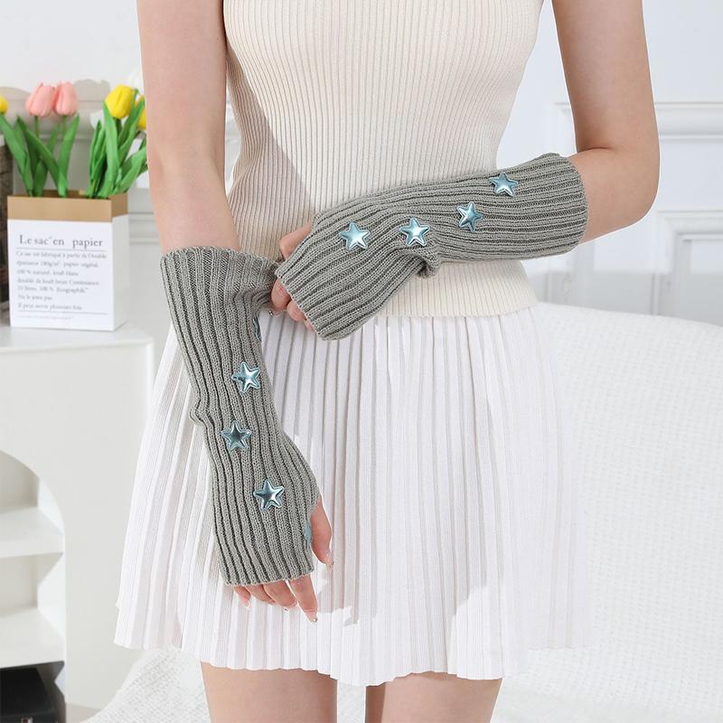 New Autumn Winter Knitted Warm Arm Cover Star Gloves Women Pile Exposed Finger Y2k Sleeve Sweet Keep Warm Sleeve Cover
