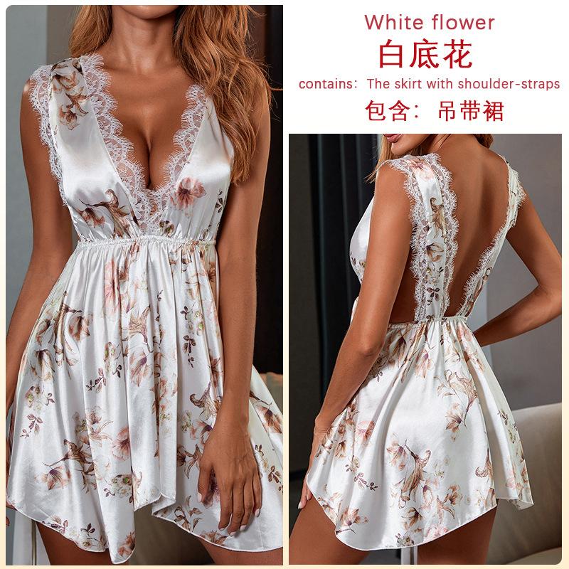 

Сексуальная ночная рубашка с принтом, юбка на подтяжках, кружевная атласная пижама с принтом, глубокий v-образный вырез S