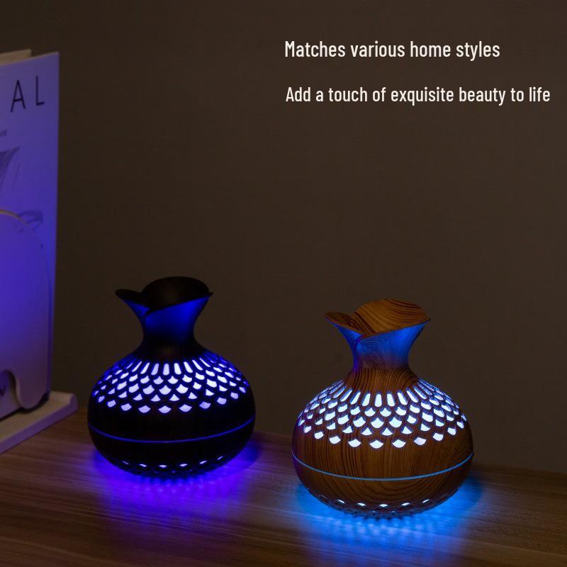 USB Wood Grain Flower Vase Humidifier: Silent Aroma Diffuser with Colorful Night Light for Home and Office