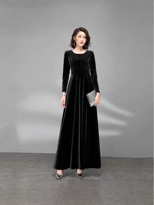 Noblewoman Autumn Golden Velvet Cinched Waist Long-Sleeved Dress with Large Hem
