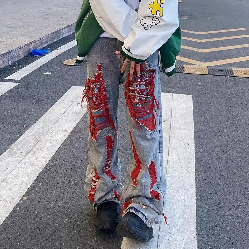 Hip-Hop Ripped Embroidered Jeans - Loose Fit, Trendy Niche Design