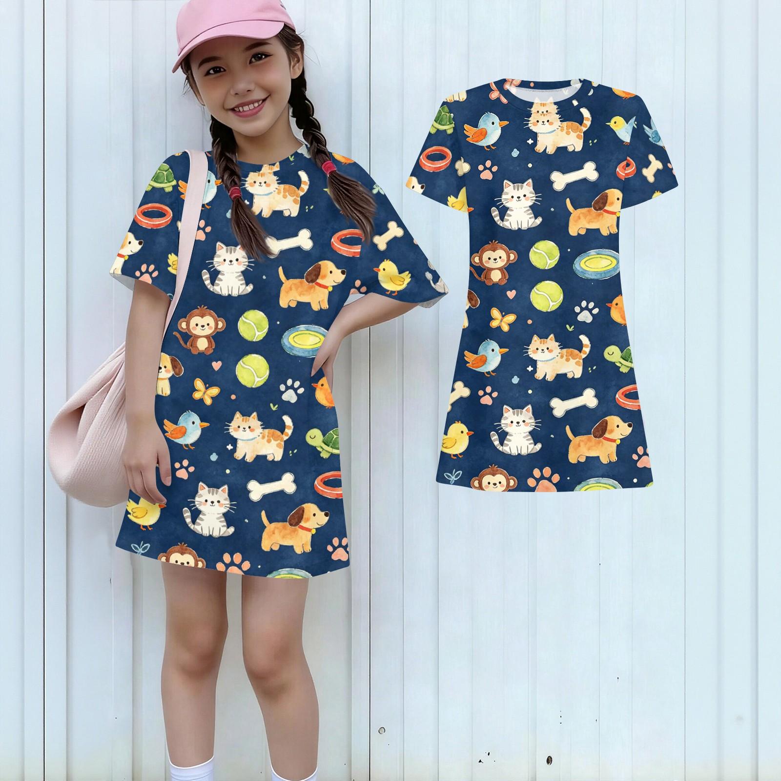 

Girls Animal Print Dress Loose Fit Short Sleeve Round Neck Lightweight Summer Dress for Kids Casual Wear 140 синий