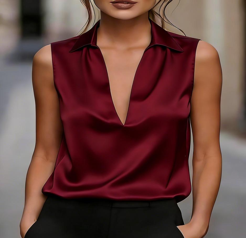 Damen Unifarben Satin V-Ausschnitt Ärmellos Lässig Bluse Top