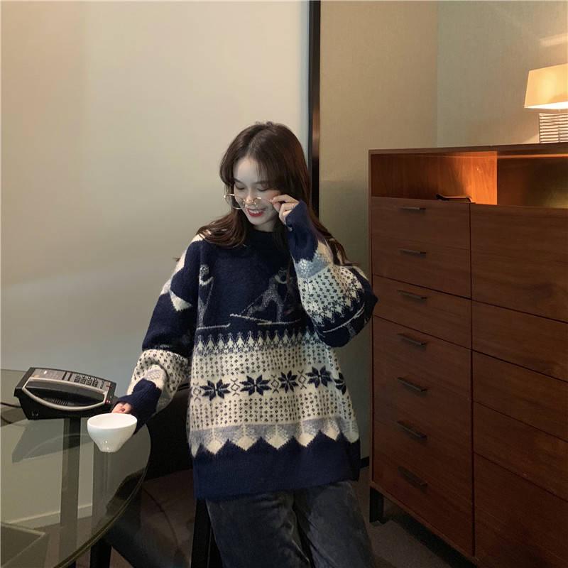 

Осенне-зимний свободный свитер, женский модный жаккардовый пуловер в форме дикого ромба, топ M синий