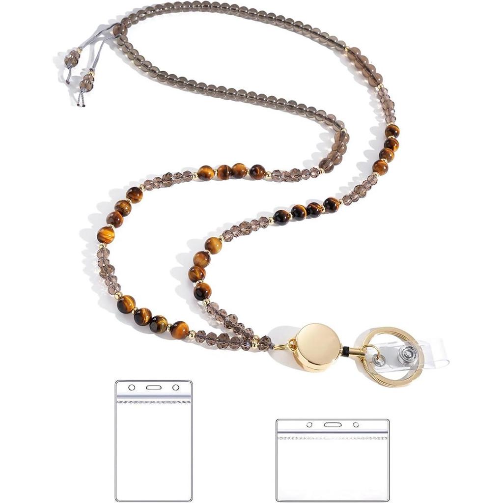 Retractable ID Card Lanyard with Natural Stone Crystal Necklace