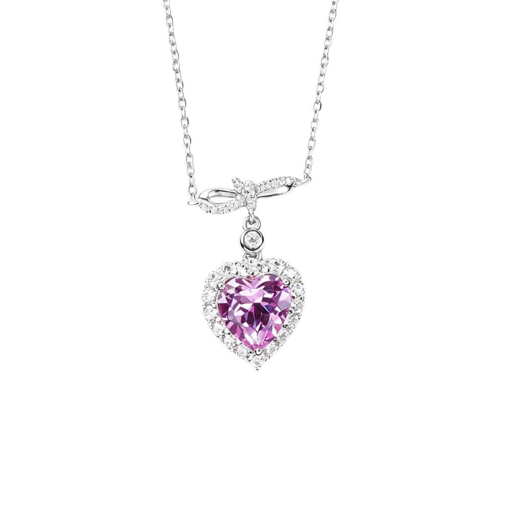 European S925 Sterling Silver Heart-Shaped Pink Sapphire Necklace with Diamond Bezel - Luxury Valentine's Day Gift for Her