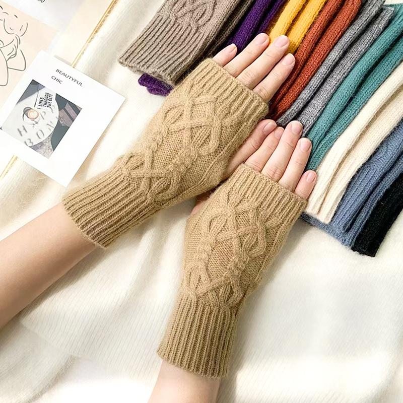 1Pair Women Winter Warm Gloves Soft Fingerless Long Polyester Solid Color Warmer Mittens