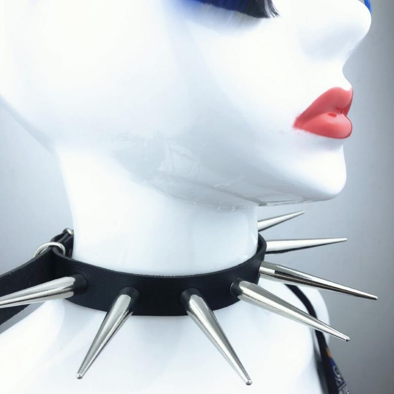 Long Spike Choker Punk Faux Leather Collar Cool Big Rivets Necklace Accessories