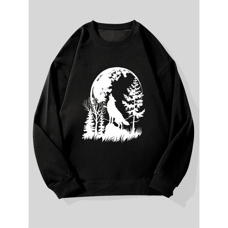 Men's Howling Wolf Under Moonlit Forest Silhouette Pattern Casual Crew Neck Sweatshirt