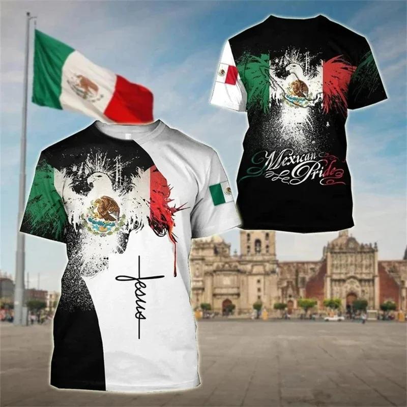 3D Printed Mexican Flag and Emblem Pattern T-shirt Summer Fashion Casual Short Sleeve Top Personalized Trendy O-neck Street Wear
