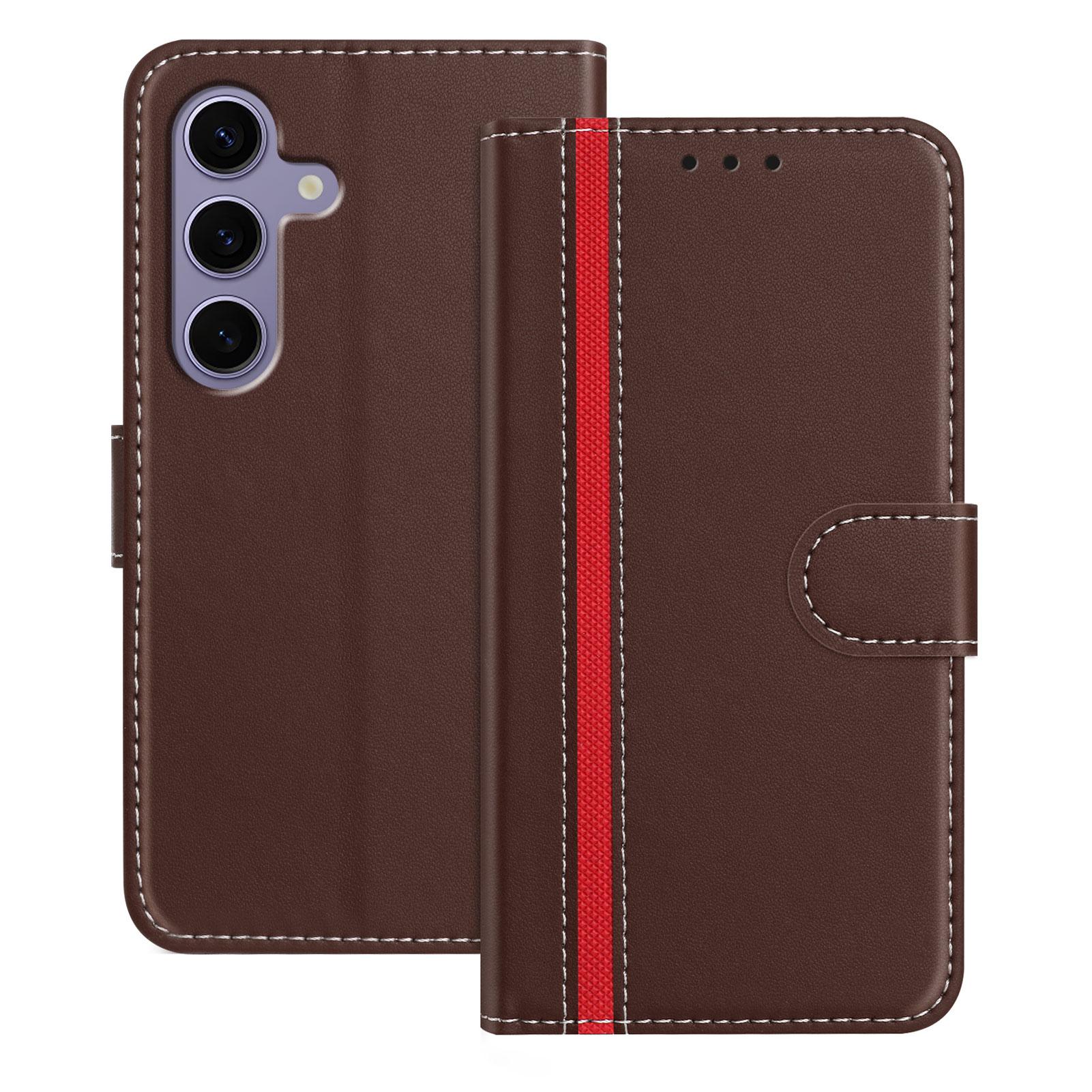 

For Samsung Galaxy S25 Phone Cases Wallet Stand Color Splicing Leather Cover with Magnetic Clasp Brown