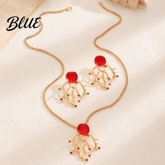 Party Wear Jewelry Faux Red Coral Drop Earrings And Necklace