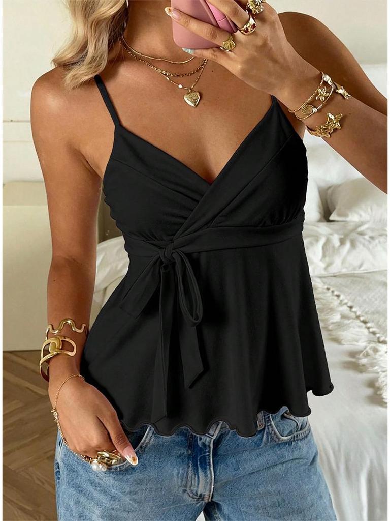 2026 V-Neck Waist-Cinching Ruffled Camisole for Women - European/American Style, Slimming Sleeveless Top