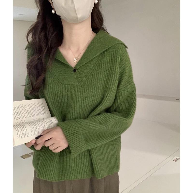 Lapel knitted sweater pullover new autumn and winter women's V-neck design sense niche loose lazy style top