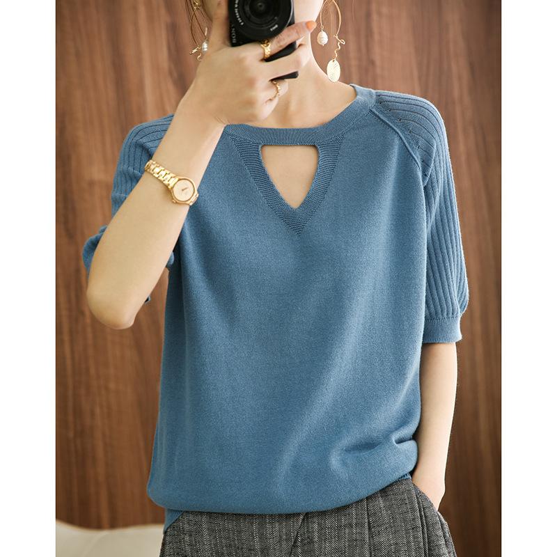 

Round Neck Hollow Cotton Thread Short-sleeved Women s Summer New Design Loose Half-sleeved Versatile Base Shirt Top S