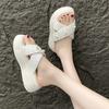 Fashion Cross-Tied Shoes Woman 2025 Low House Slippers Platform Pantofle String Bead Summer New Cotton Fabric Slides Rome Rubber PU Hoof