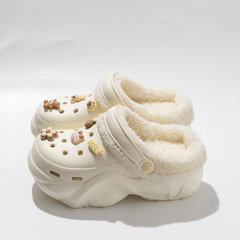New velvet hole shoes women's winter non-slip outer wear cotton shoes heightened thick-soled home removable cotton slippers