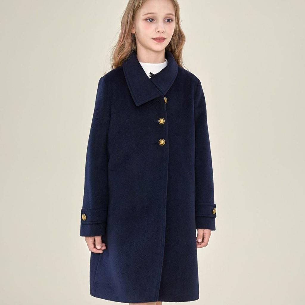 Modischer dunkelblauer Wollmantel für Mädchen, lockerer baumwollgefüllter Wollübermantel für Kinder Herbst und Winter