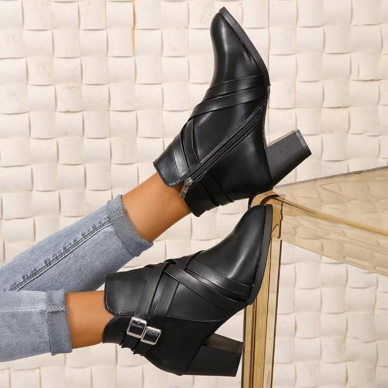 Fashion Shoes for Women 2024 Winter New Pin Buckle Design Zipper Women's Boots Comfortable Thick Heel Commuting Office Ladies Shoes