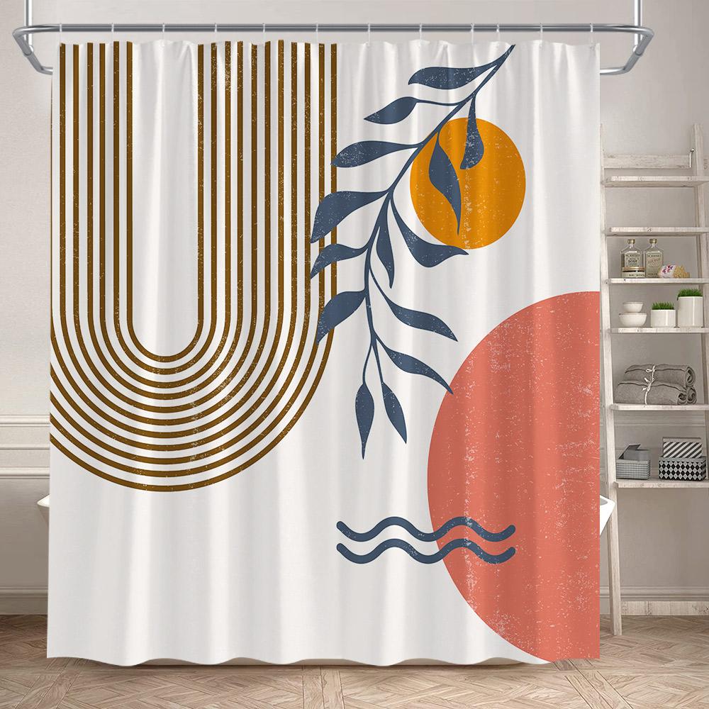 Abstract Mid Century Shower Curtains Green Leaf Modern Geometric Black Lines Aesthetic Art Bathroom Curtain Decor Set With Hooks