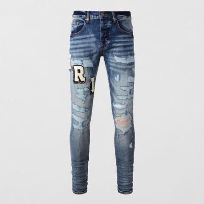 Jeans da uomo strappati skinny blu retrò americani alla moda con scritte