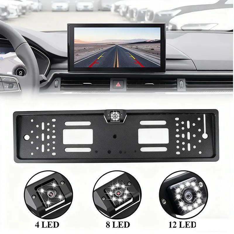 4/8/12LED European License Plate Rearview Camera Frame Reverse Backup Camera Night Vision for Truck Car SUV, Camper Pickup