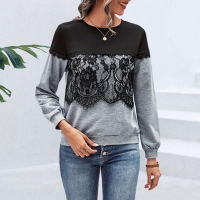Winter Fall Lady Sweatshirt Lace Decor Floral Embroidery O Neck Long Sleeves Colorblock Patchwork Loose Pullover