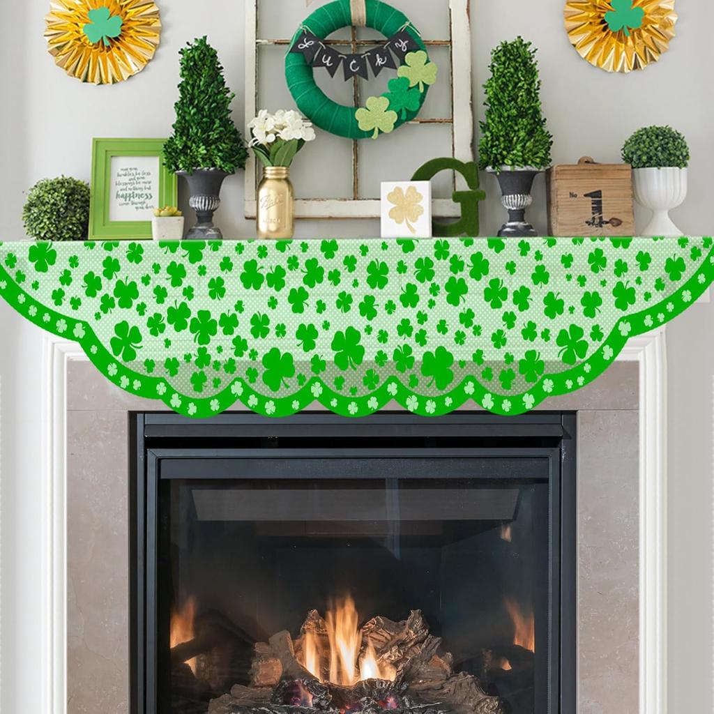 Green Shamrock Mantle Scarf for Fireplace - St Patricks Day Fireplace Cover Decorations Indoor - Lace Irish Mantel Scarves Garland Runner - Saint