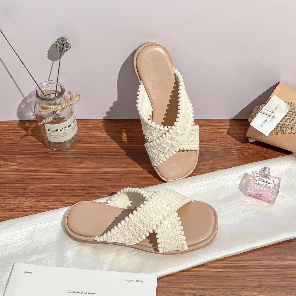 Grape Mother Women's Shoes Wear High-end Sense Small Fragrant Style Woven Cross-belt Flat-bottomed Slippers Women's Temperament Gentle Style