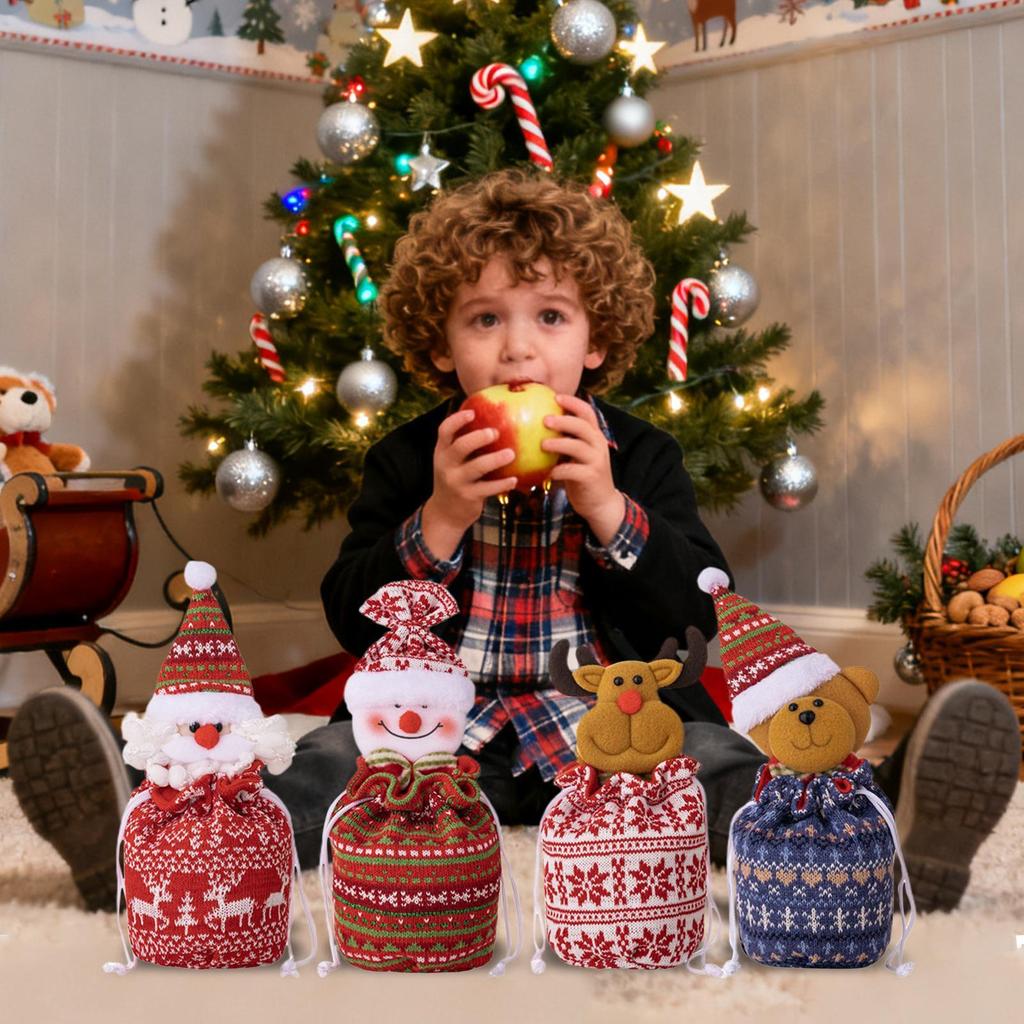 Christmas Candy Bags 4 Piece Drawstring Santa Snowman Reindeer Holiday Pouches Holiday Christmas Wrapping Bags For Family