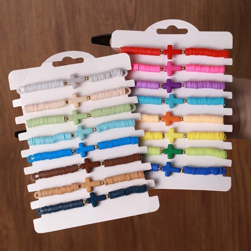 8pcs Bohemian Colorful Polymer Cross Bracelet New Beach Style Stretch Bracelets Set for Women Girls