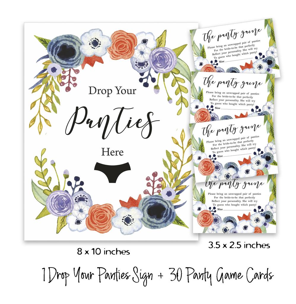 Inkdotpot Bridal Shower Game 1 SignA    30 Size CardA  White Floral Girls Night Out Bachelorette Party Drop Your Panties