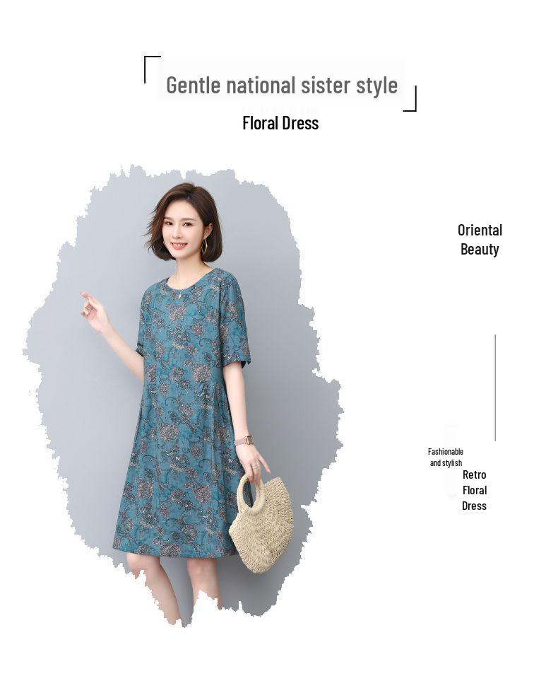 Floral Linen A-Line Dress for Women, 2024 Summer Collection – Elegant Slimming Style for Middle-Aged Mothers