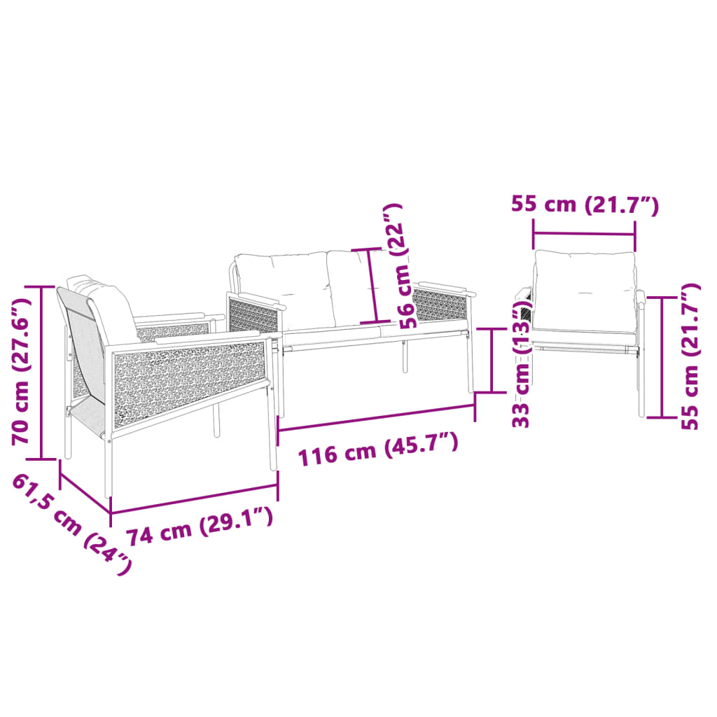 Vidaxl 3-Piece Balcony Furniture Set, with Cushions, Black, Steel