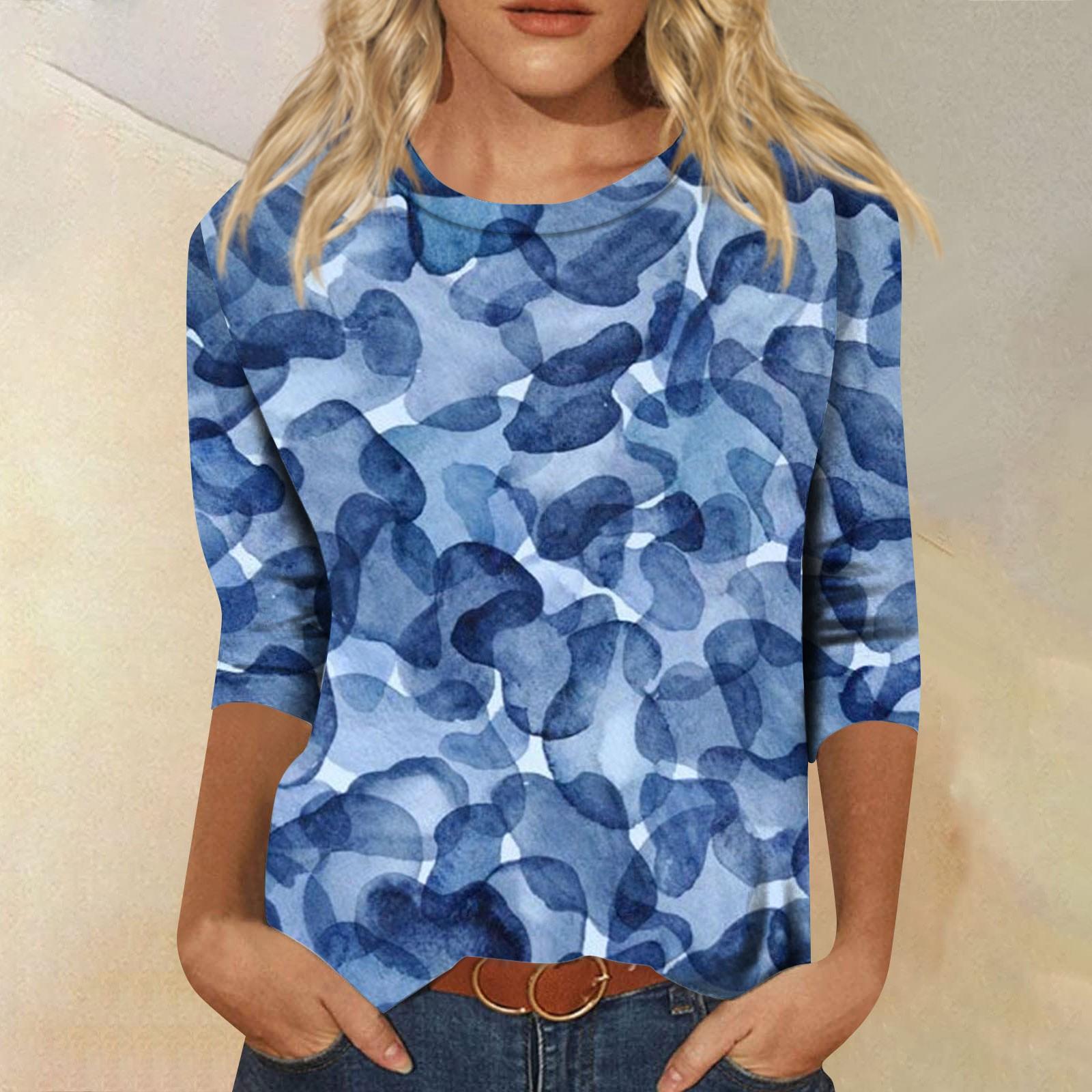 

Рубашки с рукавом 3/4 для женщин, милые топы, футболки с рисунком, блузки, повседневные базовые топы больших размеров, пуловеры XXXL синий