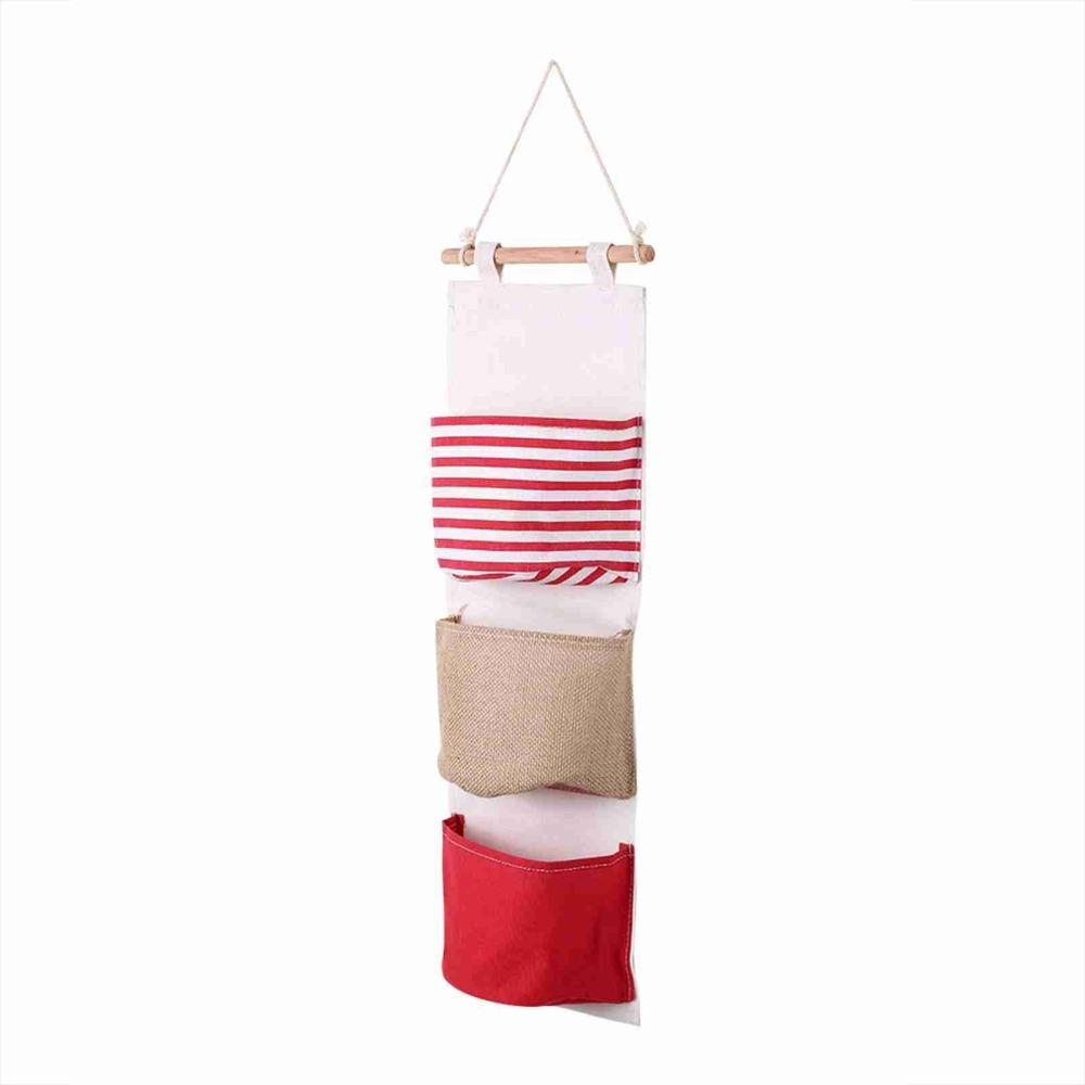 3Layer Design Linen Storage Bag Cotton Linen Fabric Wardrobe Hanging Bag  Door Hanging красный