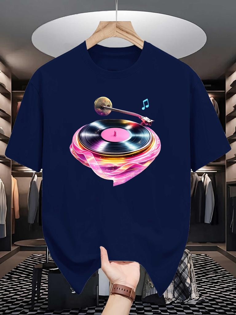 Heart Shaped Vinyl Turntable Unisexs Crew Neck T Shirt Neon DJ Record Player Music Note Graphic Short Sleeve Casual Street Tops