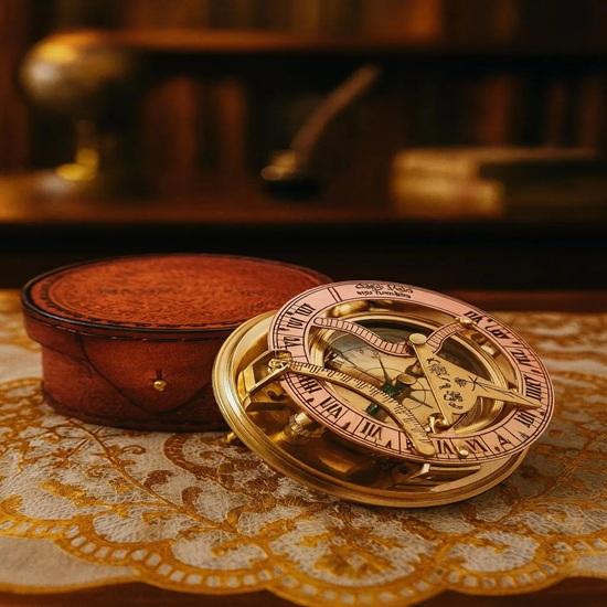 Brass Gilbert Sons Sundial Compass with Leather , Christmas Present Father s day, Mother s day, Graduation, Gifts For Men