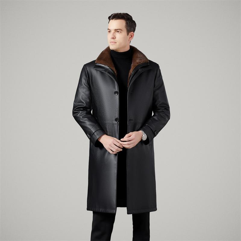 New leather jacket men's long leather jacket business casual removable liner lapel knee-length leather coat jacket for men