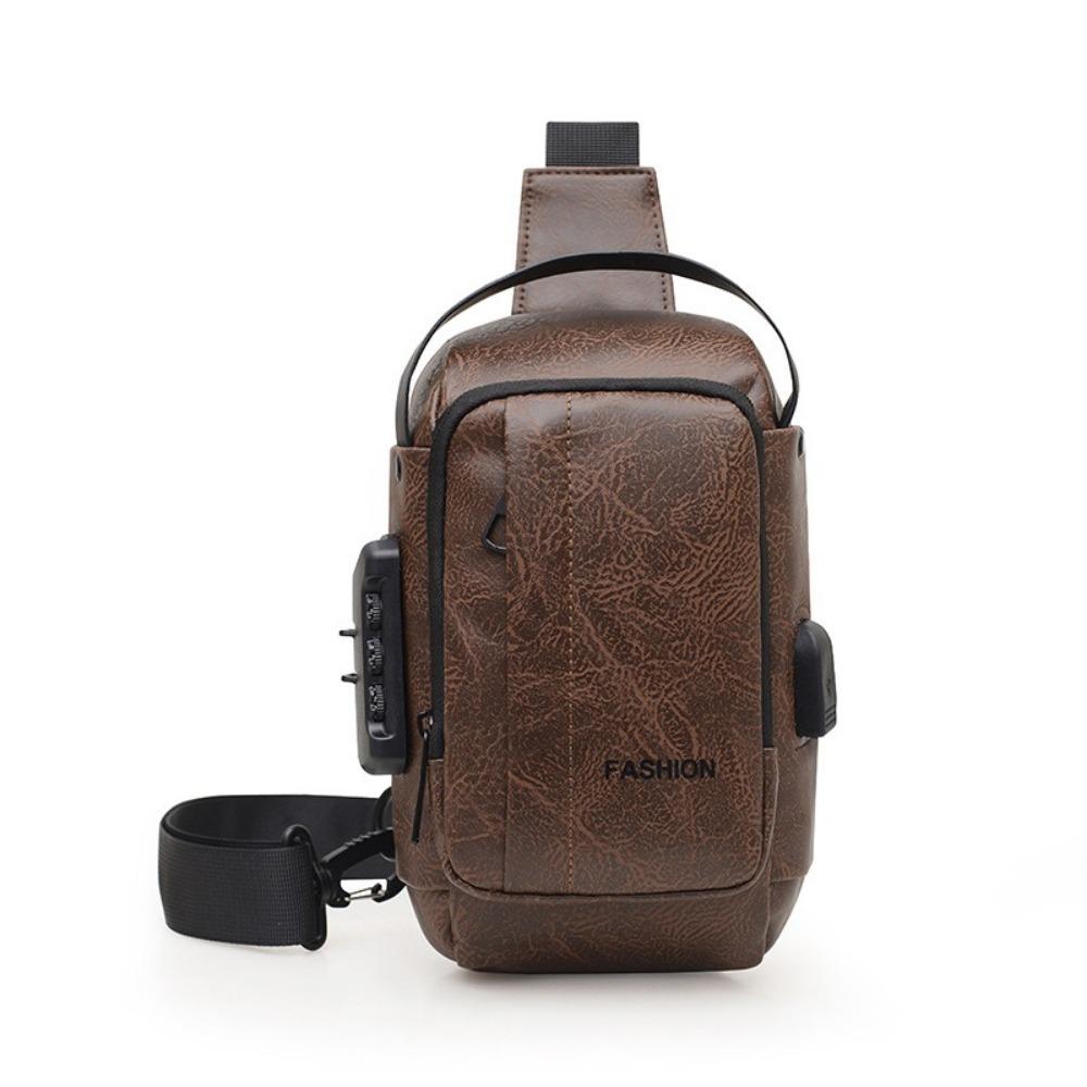 

Anti-Theft Men s Chest Bag PU Leather Waterproof Men s Crossbody Sling Bag Large Capacity with USB Charging Single Shoulder Bag темно-коричневого