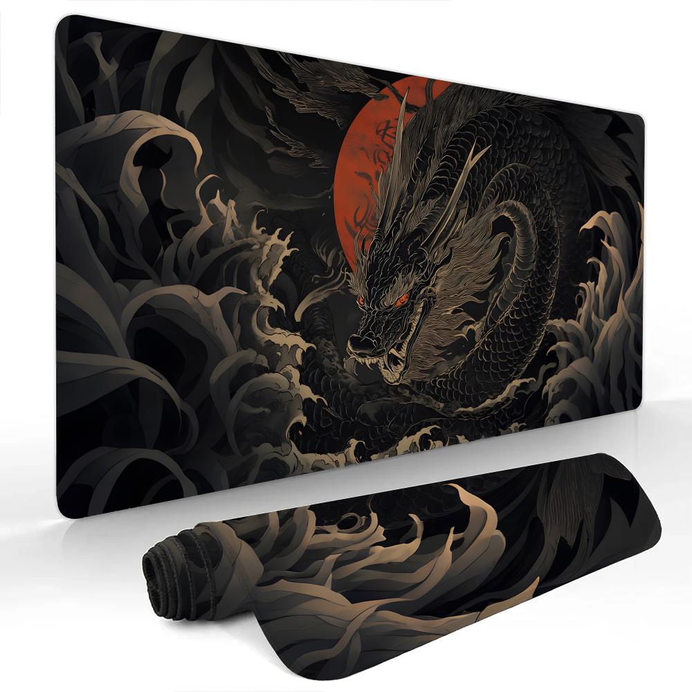 Ukiyoe-Stil schwarzer Drache großes Mauspads Gaming-Matten rutschfeste Schreibtischmatte Mausteppich mit genähtem Rand HD-Druck Büromatte 800x300x2mm black