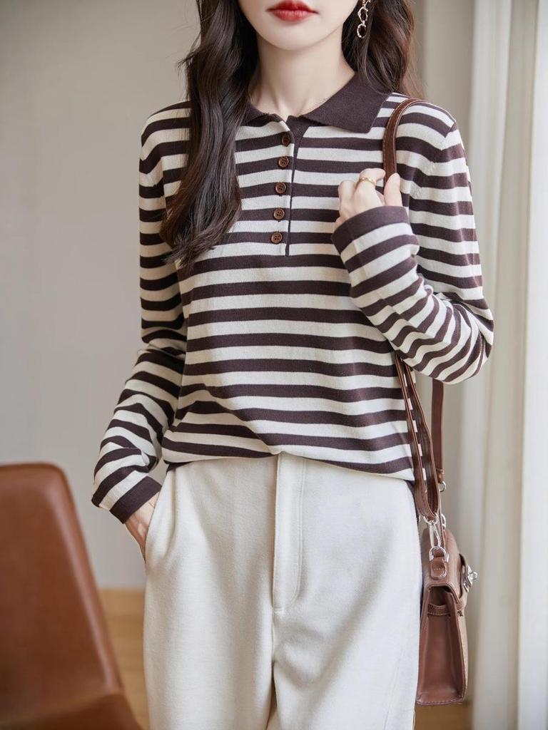 Autumn/Winter Stand Collar Retro Stripe Long Sleeve Slimming Business Top