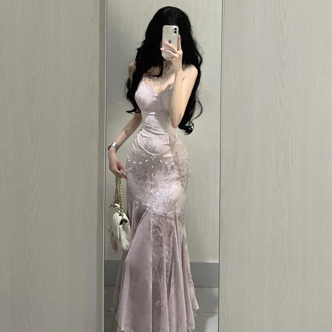 Elegant French Style Floral Fishtail Dress for Summer Vacation Small