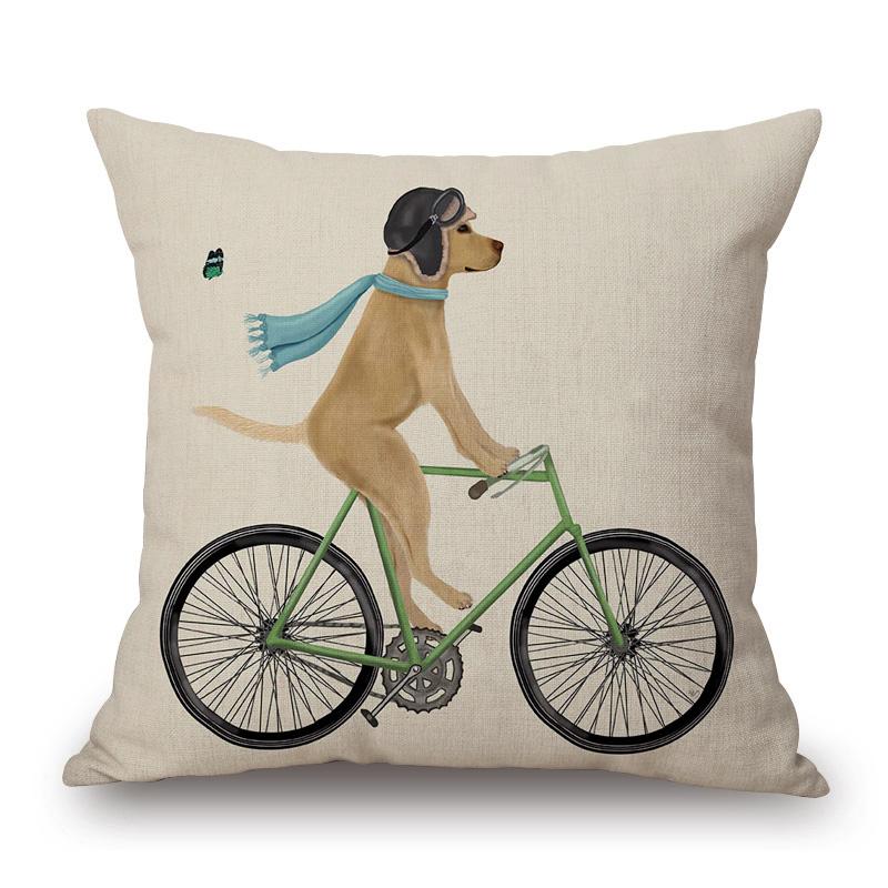 Dogs On Bicycle Art Cushion Cover Poodle Bulldog German Shepherd Golden Retriever Dachshunds Labrador Print Linen Pillow Case