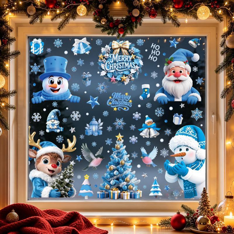 Christmas Decorative Glass Sticker Snowflake Snowman Blue Crystal Ball Theme Non-residue Window Decal for Xmas Party Home