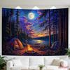 Moonlit Forest Camping Tapestry with Tents, Fire Pit, Lake and Starry Sky 180x280cm Wall Decor  Aesthetic Room Decor