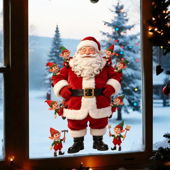 Holiday Home Decor Gifts Christmas Window Cling, Cute Santa Claus And Elf Boys Decal, Reusable Decorations Winter Static Glass Sticker for Home,