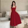 2025 Elegant Red Swing Skirt Dress: New French-Style Suspender for Women