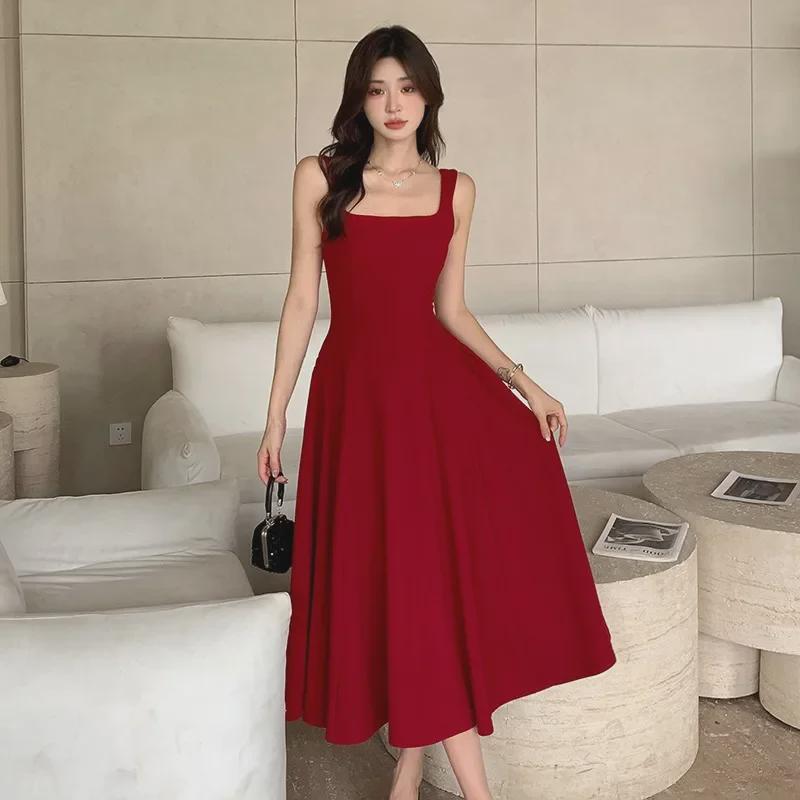2025 Elegant Red Swing Skirt Dress: New French-Style Suspender for Women